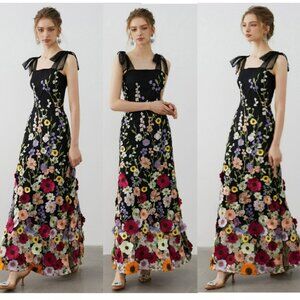 Chicwish Black 3D Floral Applique Tie Strap Maxi Dress Sz M